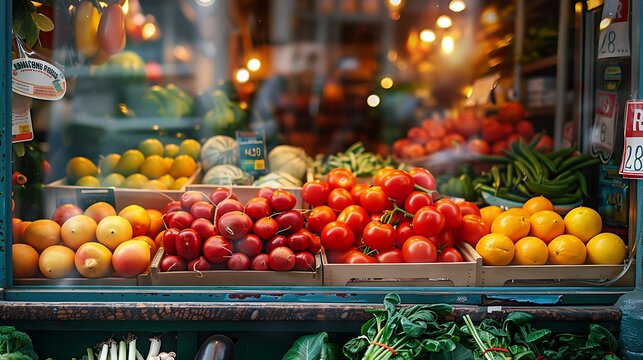 Fresh produce displayed in a shop window with fruits and vegetables galore seen there