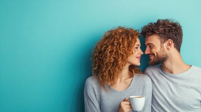 Caucasian couple sharing a loving gaze and intimate moment while enjoying a cup of coffee together in a cozy and relaxed cafe environment expressing affection connection and contentment