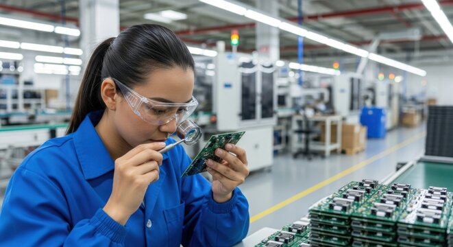 Asian woman in blue work uniform examines circuit board with magnifying glass in a modern electronics manufacturing facility, showcasing precision and attention to detail in assembly