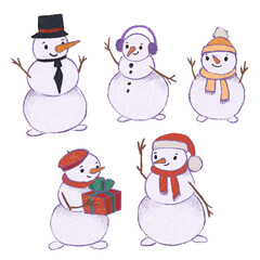 Set of cute hand drawn snow men. Different snowman clip art isolated on the neutral background. Happy smiling snowman characters, Christmas characters