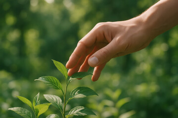 A hand gently touching the leaves of a young plant in a lush green environment, symbolizing care for nature, growth, and environmental sustainability