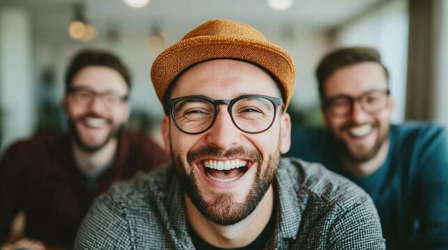 Cheerful Group of Men Enjoying a Card Game Together Indoors with Laughter and Camaraderie on a Casual Gathering