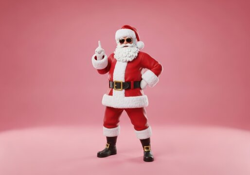 A cool santa claus in sunglasses pointing up with his finger on a pink background, embodying the festive spirit of christmas
