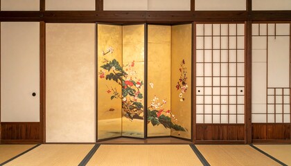 Traditional Japanese room interior with wooden frames, paper screens, a gold-leaf folding screen featuring colorful floral art, and tatami mats