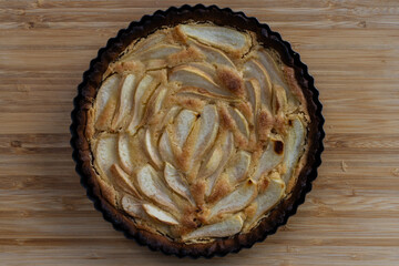 Freshly baked pear frangipane tart.