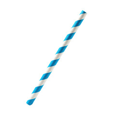 Extreme close-up of a single, blue and white spiral striped paper drinking straw, angled diagonally on a transparent background with high-key lighting, concept for eco-friendly beverage advertising