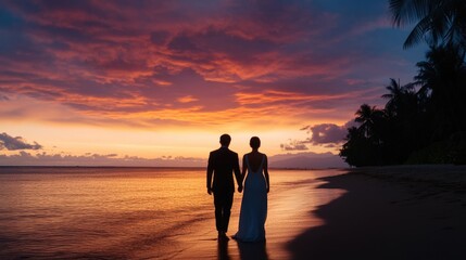 Silhouetted Couple Enjoying Romantic Sunset Stroll on Tropical Beach  Idyllic scene of two people walking hand in hand along the shoreline during a beautiful evening on a paradise beach getaway