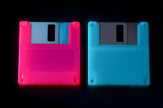Vibrant retro tech aesthetic with neon pink and blue floppy disks, perfect for nostalgic design projects and vintage technology themes or creative presentations