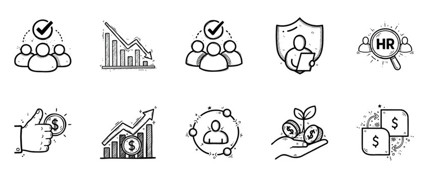 Set of hand-drawn business icons featuring growth, security, and human resources themes