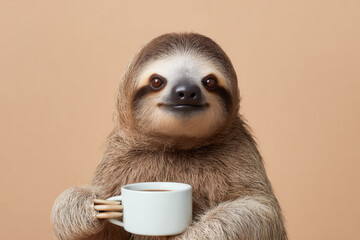 Fototapeta premium Adorable sloth enjoying coffee break against neutral background with whimsical charm and delightful expression perfect for uplifting social media posts