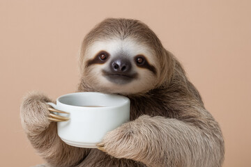 Obraz premium Adorable sloth enjoying a warm drink in a white mug, perfect for coffee lovers and cute animal content, adds a touch of whimsy to your projects