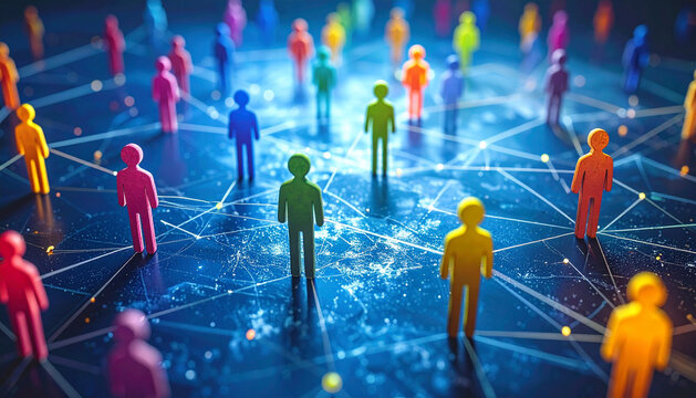 Colorful figures connected by lines illustrating social media networks and interactions
