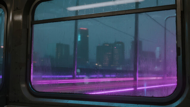 A close-up of a futuristic train window reflecting the cyberpunk city outside