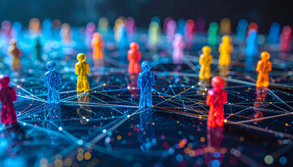 Colorful figures connected by lines illustrating social media networks and interactions