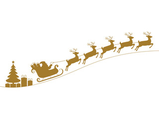Fototapeta premium Joyful Santa Claus in sleigh pulled by reindeer, delivering gifts and Christmas tree on snowy hill