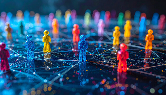 Colorful figures connected by lines illustrating social media networks and interactions
