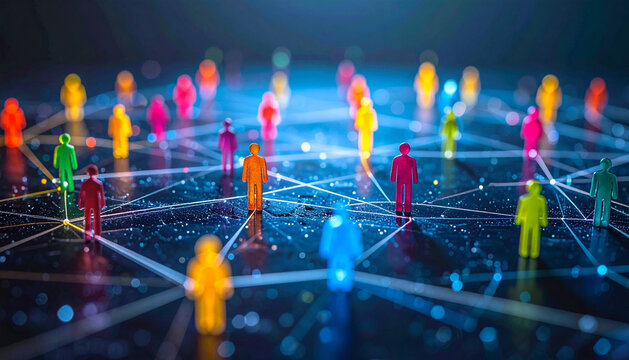 Colorful figures connected by lines illustrating social media networks and interactions

