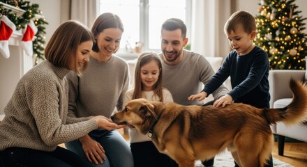 Family gathered around a friendly dog in a cozy living room decorated for the holidays, showcasing warmth, joy, and togetherness in a festive atmosphere