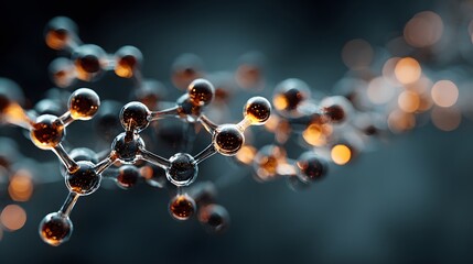 Intricate, glowing 3D model of a molecular structure with glass-like atoms and bonds. It's set against a dark background with blue and orange bokeh lights representing science.
