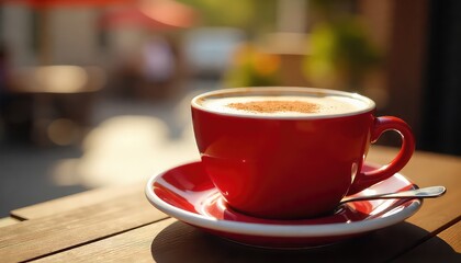 A red mug filled with cappuccino sits on a wooden table with a spoon next to it in a cafe setting