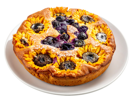 A round dessert with golden crust, adorned with sunflower-shaped pastries and blueberries, sits on a white plate