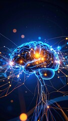 A detailed illustration of a human brain, intricately connected with numerous neurons, each adorned with vibrant, glowing lights, symbolizing neural activity.