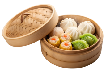 Steamed dim sum in bamboo steamer isolated on transparent background, asian cuisine