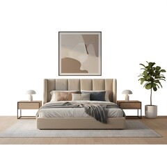 modern 3D bedroom interior, clean design, wooden floor, fabric headboard