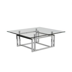 modern glass coffee table 3D illustration, chrome frame, sleek minimalism