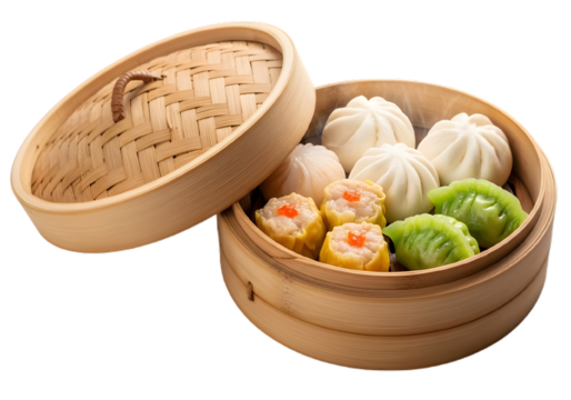 Steamed dim sum in bamboo steamer isolated on transparent background, asian cuisine