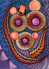 A highly detailed, fantastical abstract pattern that stylizes a cluster of organic forms. The design is executed in a technique similar to Zentangle, with a vibrant color fill.