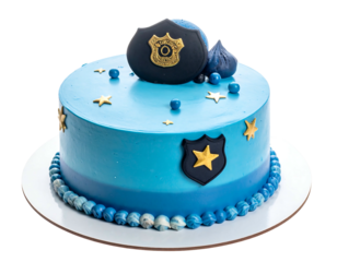 A round, light-blue frosted cake adorned with police badge accents, stars, and blue candy, presented on a white plate