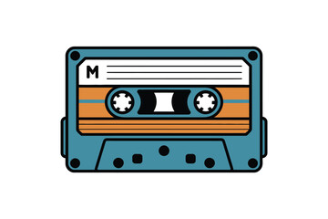 Fototapeta premium A vintage turquoise audio cassette tape with an orange stripe sits isolated on a white background.