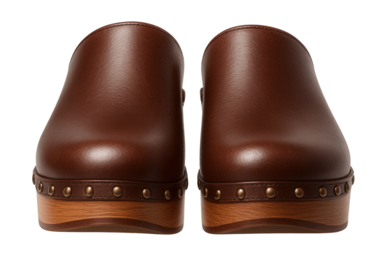 Leather clogs with wooden soles and studded details.