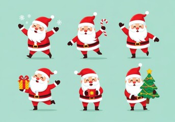 Fototapeta premium Collection of cartoon santa claus characters in various poses, isolated on a light green background, perfect for festive christmas designs