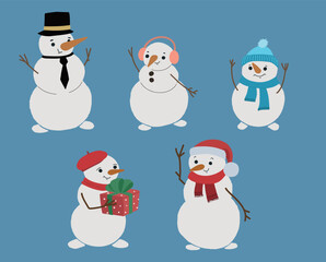 Set of cute vector snowmen. Different snowman clip art isolated on the neutral background. Happy smiling snowman characters, Christmas characters
