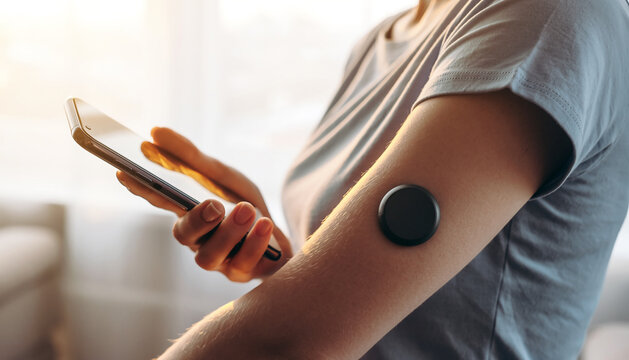Young woman with diabetes synchronizing smart phone with sensor on arm at home
