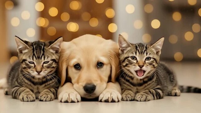 Adorable golden retriever puppy snuggling with two tabby kittens, a heartwarming friendship video for pet lovers and animal enthusiasts