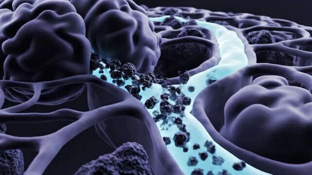 3D 'night mode' animation of glowing fluid (glymphatic) flushing dark waste particles from stylized brain channels.