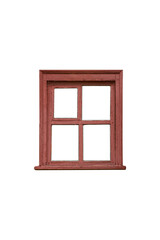 Old red wooden window with four panes is isolated.