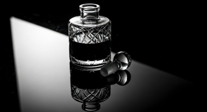 Elegant Crystal Decanter with Dark Liquid on Reflective Surface.