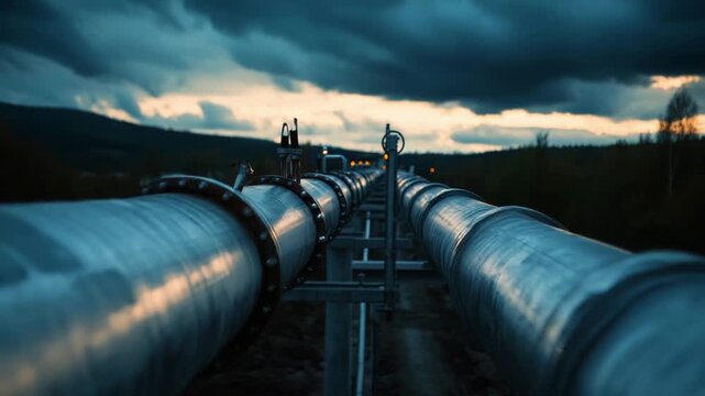 Pipeline Perspective: The image captures an industrial landscape with a network of steel pipelines stretching towards the horizon, under a dramatic sky.