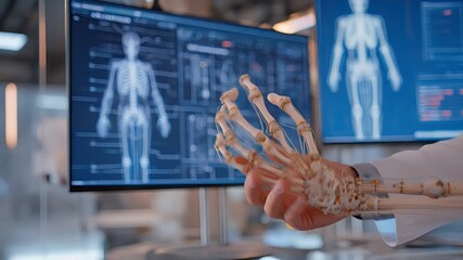 Medical professional studies human skeleton anatomy with advanced technology displays. - Powered by Adobe