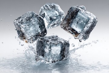 Four ice cubes suspended in air with water droplets on a blue background
