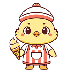 Cute Chick Character with Ice Cream Cone Adorable Bird Server Mascot