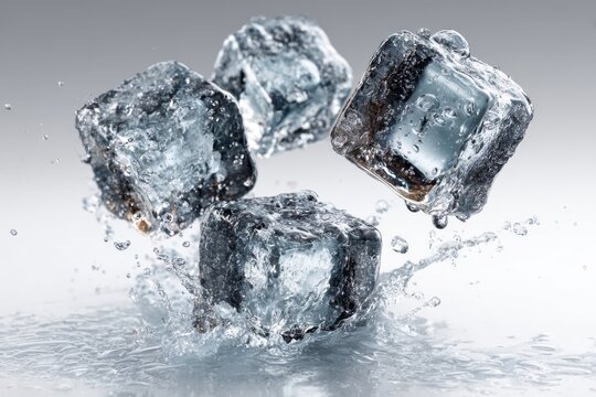 Four ice cubes suspended in air with water droplets on a blue background