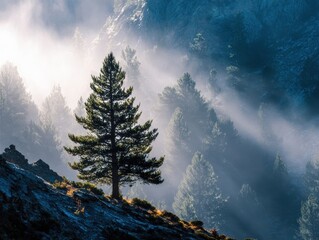 Misty Mountain Forest Alpine Fir Tree Sunlight Rays Morning Fog Evergreen Wilderness Landscape Blue Tones Cold Atmosphere