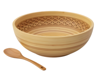 Bamboo bowl and wooden spoon isolated on transparent background, close up shot