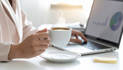 woman holding cup of coffee while working