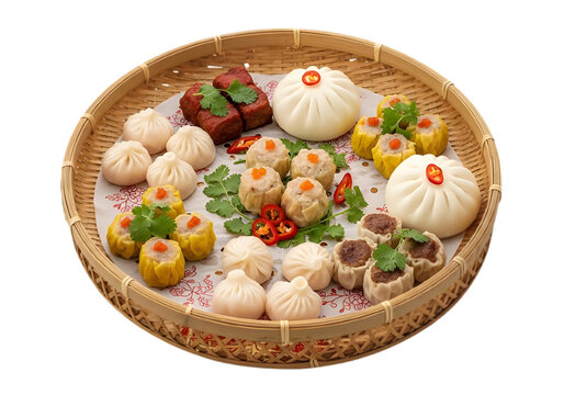 Assorted dim sum on a bamboo tray isolated on transparent background